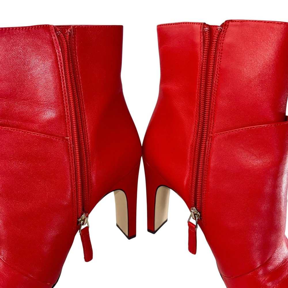 Nine West RED Leather Quitit Ankle Boots 4" Heels Pearl Safety Pin Accent 8.5M - Picture 7 of 11